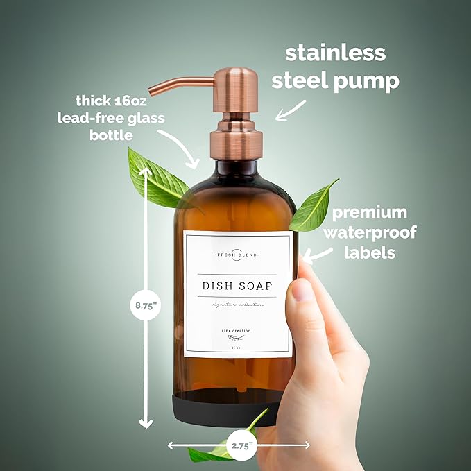 Vine Creations Amber Glass Soap Dispenser, 2 Pack Kitchen Soap Dispenser Set - Image 6