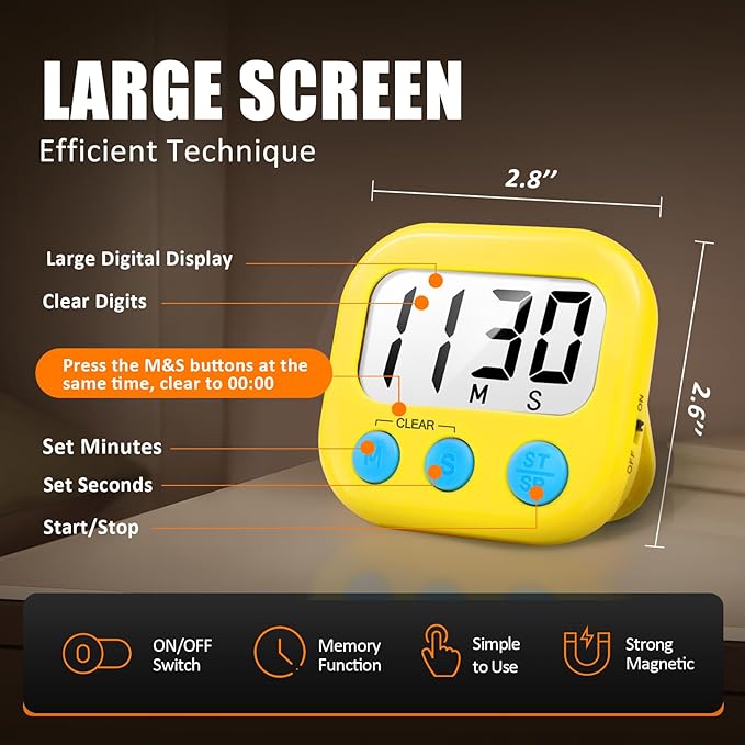 2 Pack Digital Kitchen Timer for Cooking Big Digits Loud Alarm Magnetic Backing - Image 2