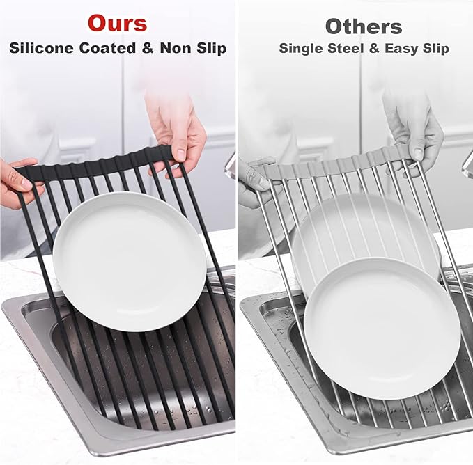 MERRYBOX Roll Up Over The Sink Dish Drying Rack Silicone Wrapped Foldable - Image 7