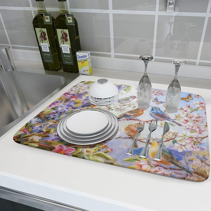 Floral Birds Dish Drying Mat Spring Decoration Absorbent Dish Drain Cloth Mat - Image 6