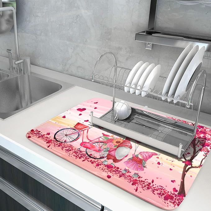 Pink Heart Valentine's Day Gnomes Dish Drying Mat - Image 5