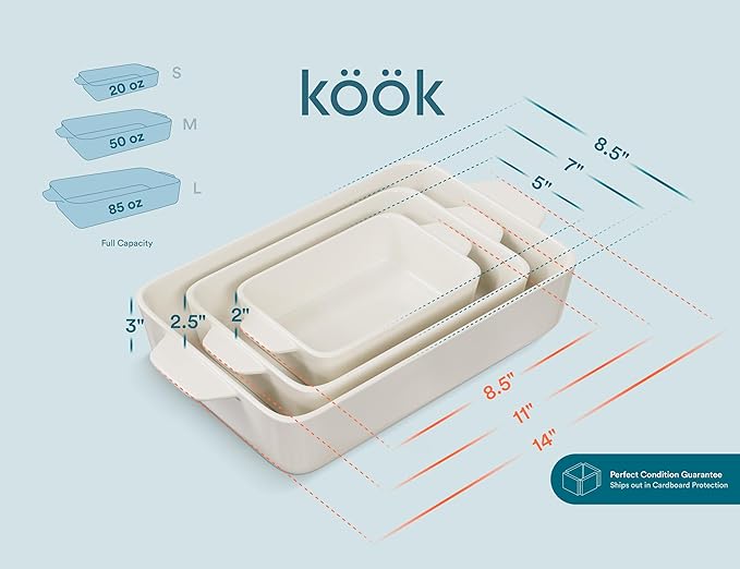 Kook Ceramic Bakeware Set, Rectangular Baking Dishes, - Image 7