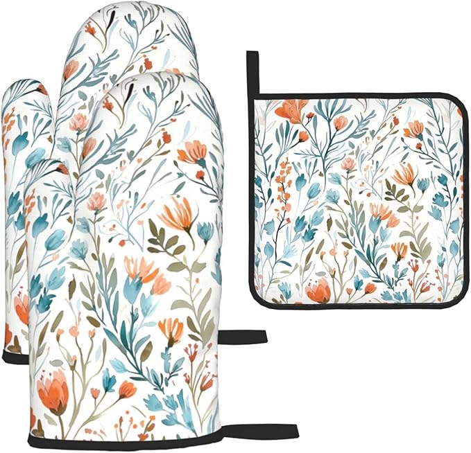 Teal Orange Watercolor Floral Oven Mitts and Pot Holders Sets of 3, Heat by Unknown