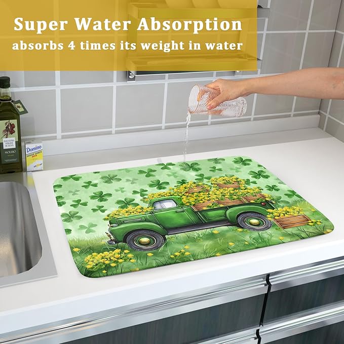 Green Holiday Dish Drying Mat Lucky Clover Truck Drying Mat - Image 7