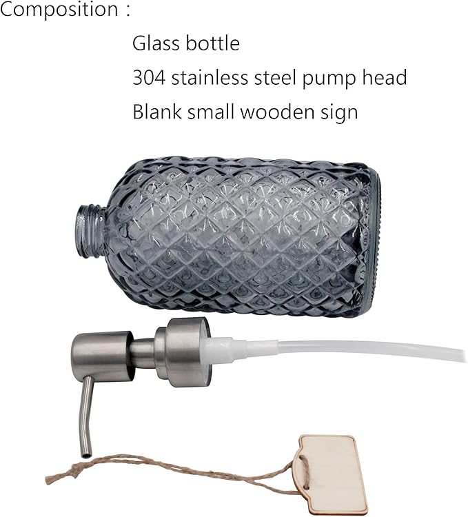 16 oz Diamond Pattern Glass Soap Dispenser, Kitchen and Bathroom Refillable - Image 4