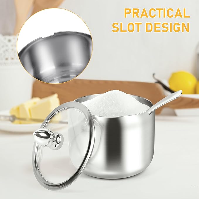 holoith Sugar Container with Glass Lid and Spoon - 10oz Stainless Steel Sugar - Image 5