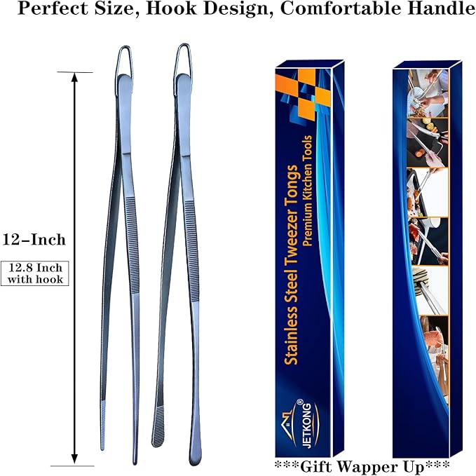 JETKONG 2 Pcs 12-Inch Cooking Tweezer Tongs Stainless Steel Kitchen Tweezers - Image 7