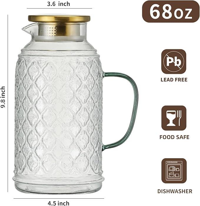 Buaic Glass Pitcher with Lid, 2 PACK 68 oz/2 Liter Vintage Water Pitcher - Image 2