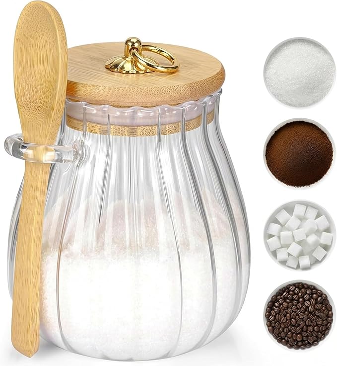 holoith Sugar Container with Bamboo Lid and Spoon, 15 oz Sugar Bowl Glass Jar by Holoith