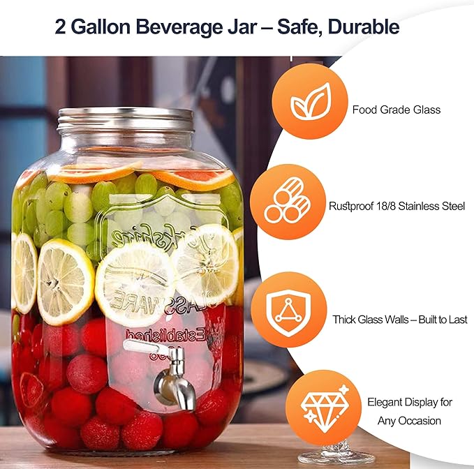 2 Gallon Drink Dispensers for Parties, 2 Pack Glass Beverage Dispenser - Image 3