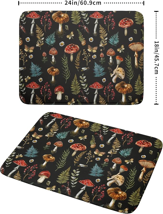 Natural Botanical Dish Drying Mat Mushroom Fern Leaves Berry Drainer Mat Black - Image 2