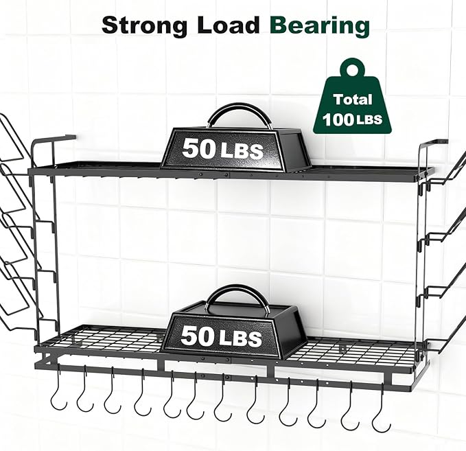 Housolution Pot Rack Wall Mounted, 3 Level Height Adjustable, 2 Tier Heavy Duty - Image 7