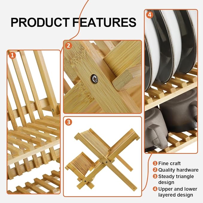 KKTONER Bamboo Dish Drying Rack 2 Tier Foldable Plate Organizer Collapsible - Image 4