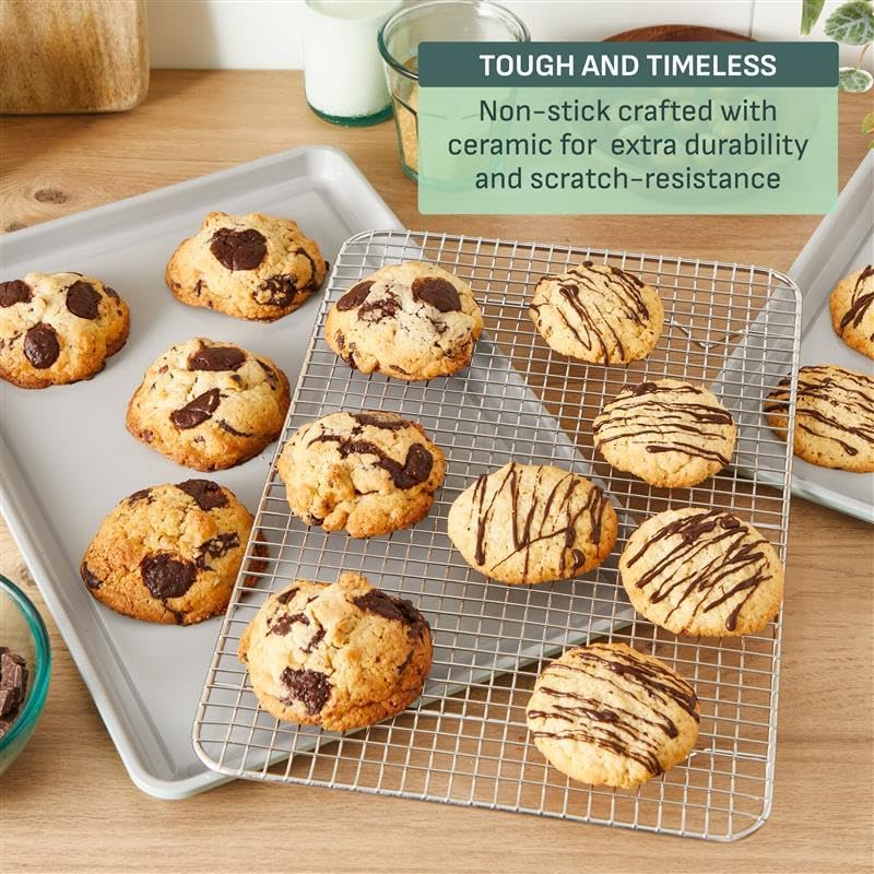 T-fal Refresh Ceramic Nonstick Baking Pans Set (8 Pc), Roaster, 12-Cup for Muffins, Loaf Trays, Baking Sheets Non Stick, Cooling Cooking Rack, Stackable Bakeware Set, Mint Green