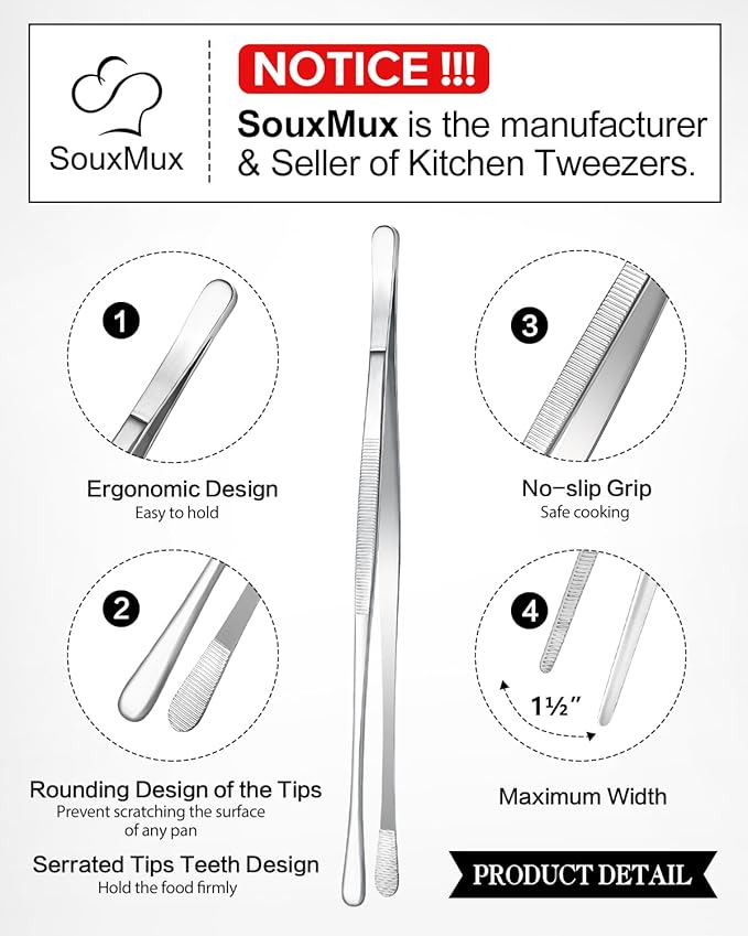 2 Pcs 10-inch Cooking Tweezers Tongs Precision Serrated Tips, Stainless Steel - Image 2