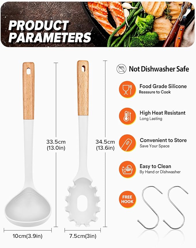 Pasta Fork and Ladle Set, and Sauce Pasta, BPA-Free Matte Silicone, Wood Handle - Image 2