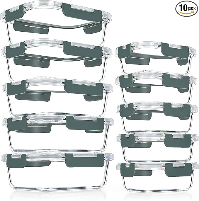 VERONES 10 Pack Glass Meal Prep Containers, Airtight Glass Lunch Containers by VERONES