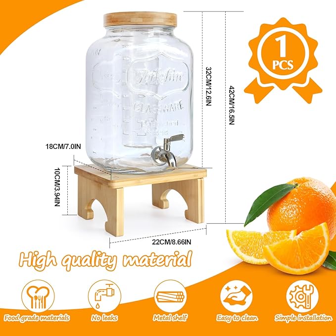 2 Gallon Drink Dispenser with Stand，Glass Beverage Dispenser With Wood Stand - Image 3