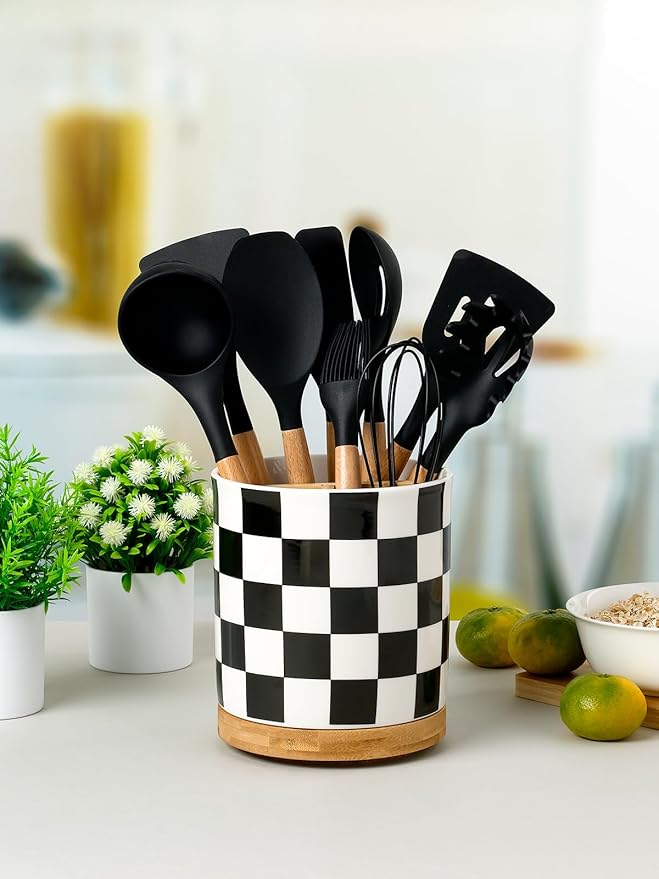 LoeJan 3 Compartment Utensil Holder, Extra Large Utensil Crock, Stable Ceramic - Image 3