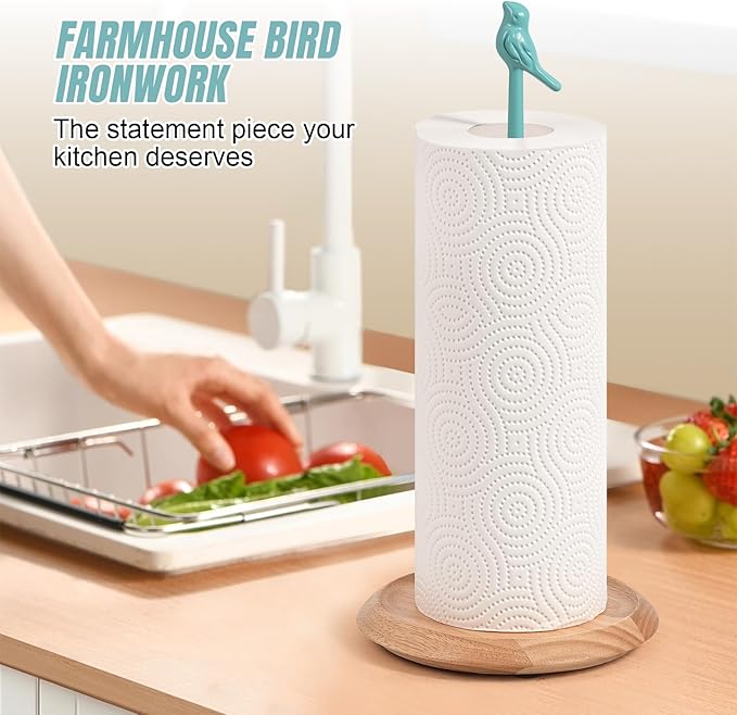 Wooden Paper Towel Holder countertop, Stylish Bird Shaped, Solid Wood Base&Iron - Image 2
