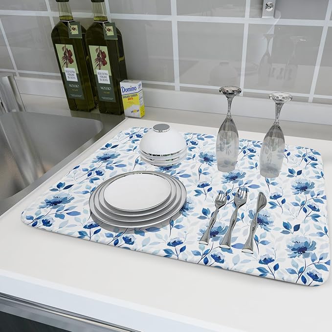 Blue Floral Dish Drying Mat 18x24 inch Flower Leaves Dish Rack Pad Microfiber - Image 6
