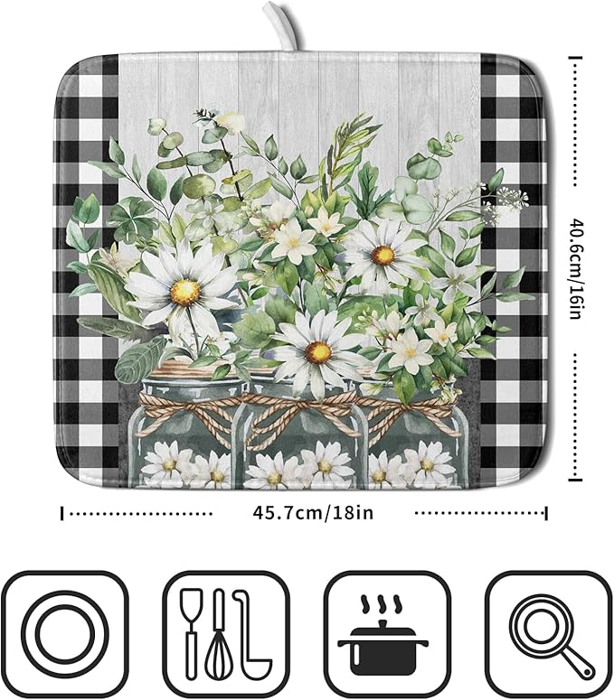 Spring Summer White Daisy Flowers Dish Drying Mat - Image 2