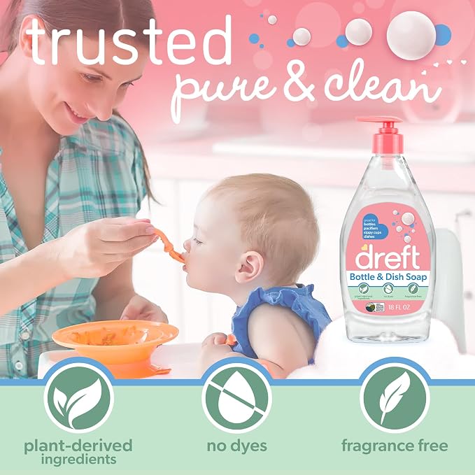 DREFT Bottle and Dish Soap | Made to Clean Baby Bottles, Sippy Cups, Pacifiers, Breast Pumps, & More | Gently Removes Milk Film & Odors | Plant Based, Fragrance Free Dish Soap | 18 Fl Oz (Pack of 3)