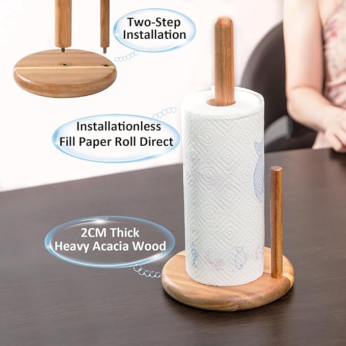 14" Acacia Wooden Paper Towel Holder, 6.7" Large Heavy Base Wooden Kitchen - Image 3