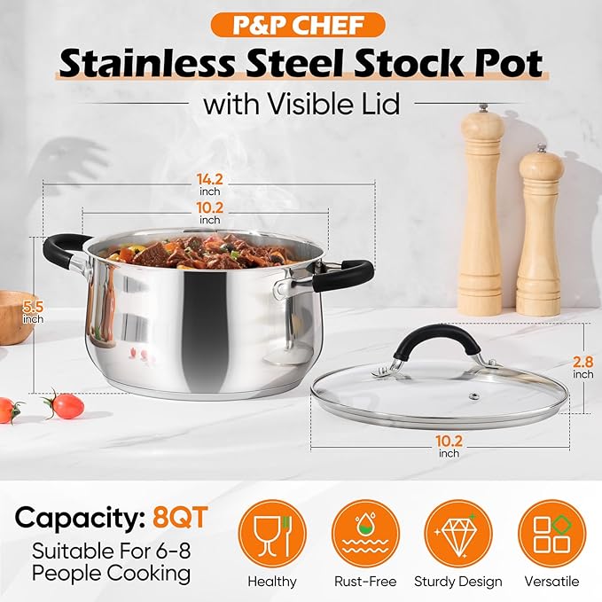 P&P CHEF Stainless Steel Stock Pot, 8 Qt Cooking Soup Pot - Image 2