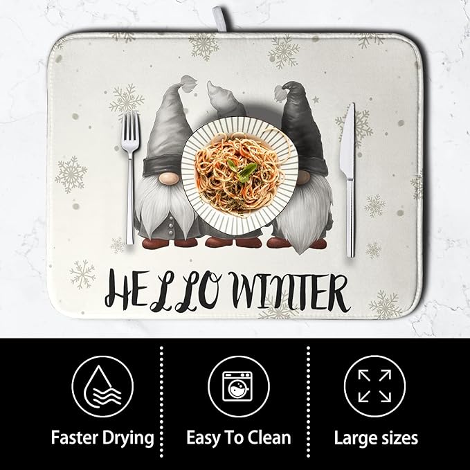 Winter Gnome Dish Drying Mat for Kitchen Counter 18x24 Christmas Snowflakes - Image 4