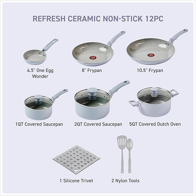 T-Fal Refresh Ceramic Nonstick Cookware Set, 12-Piece Nonstick Cookware - Image 2