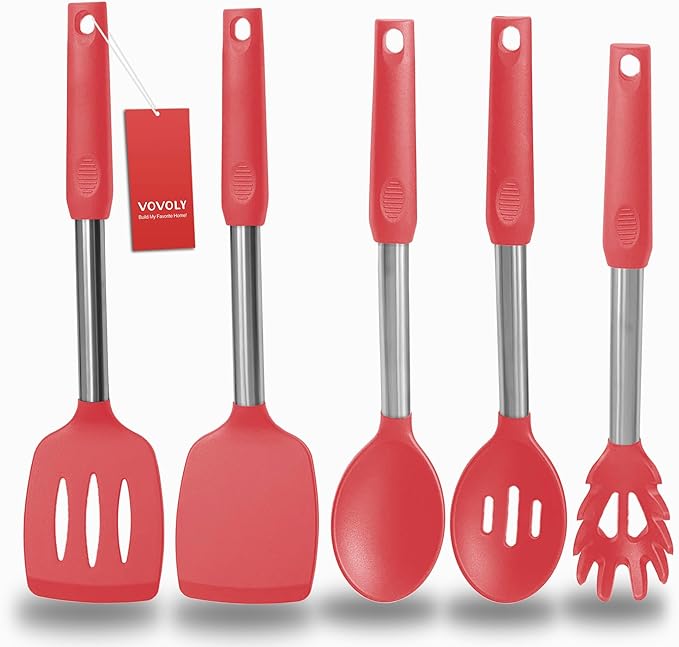 Silicone Spatula and Cooking Spoon, 5 Pack Non-Stick Cooking Utensils by VOVOLY
