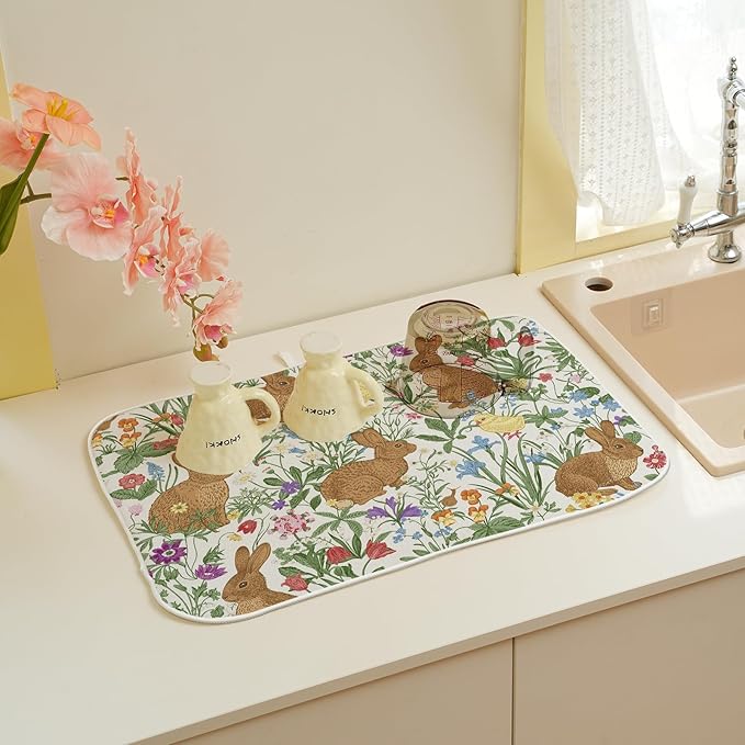 Spring Dish Drying Mat 18x24 Inch Easter Rabbit Bunny Floral Drying Mat Sage - Image 6