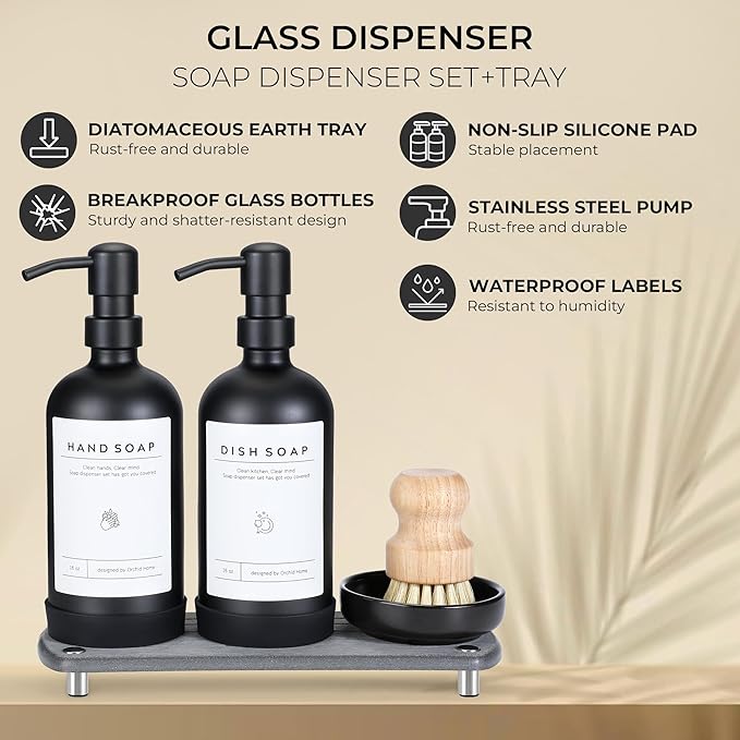 Kitchen Soap Dispenser Set - 16OZ Black Glass Bottle - Image 2