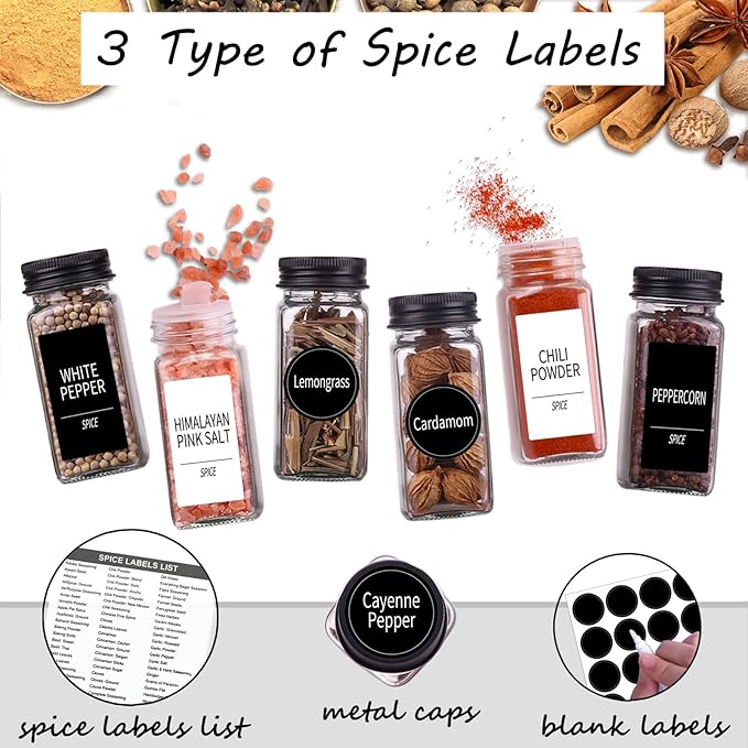 Churboro 48 Spice Jars with 547 Labels- Glass Spice Jars with Black Metal Caps - Image 2