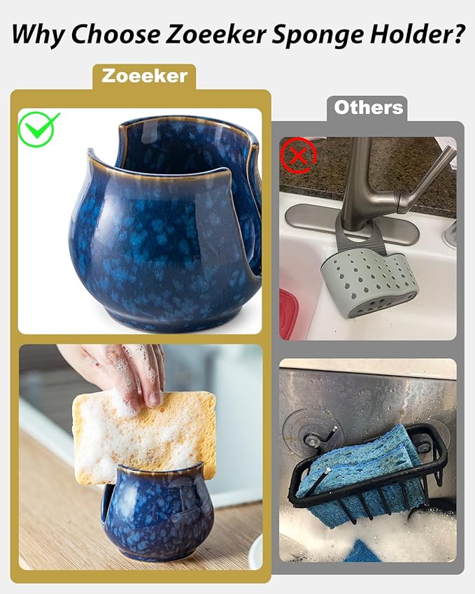 Zoeeker Ceramic Sponge Holder, Kitchen Sink Scrubby Caddy Organizer Dish Sponge - Image 3