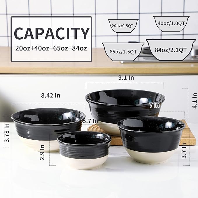 HASENSE Nesting Ceramic Mixing Bowls Set of 4, 2.5/1.5/1.0/0.5 Qt Black & Beige - Image 2