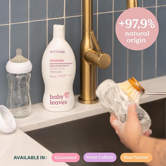 ATTITUDE Baby Bottle & Dish Soap, EWG Verified Bottle Cleaner, Fragrance Free & Dye Free, Removes Milk Residue & Grease, Vegan, Unscented, 23.7 Fl Oz