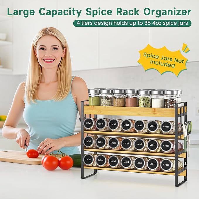EsLuker.ly Spice Seasoning Rack Organizer Kitchen Countertop, 4 Tier Bamboo - Image 3