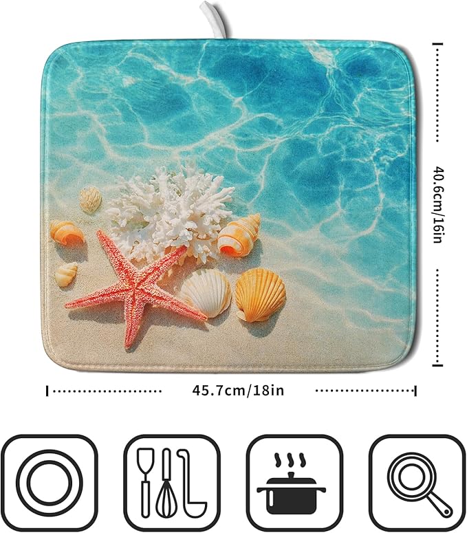 Giwawa Coastal Starfish Dish Drying Mat 16"x18" Ocean Blue Sea Coral Seashell - Image 2