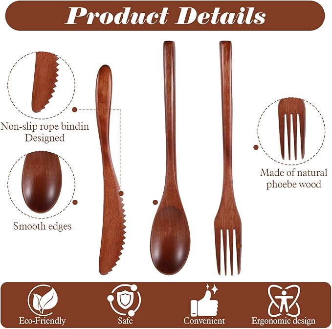 3 PCS Wooden Utensil Set for Eating, Wooden Forks Spoons Knife Reusable Wood - Image 3