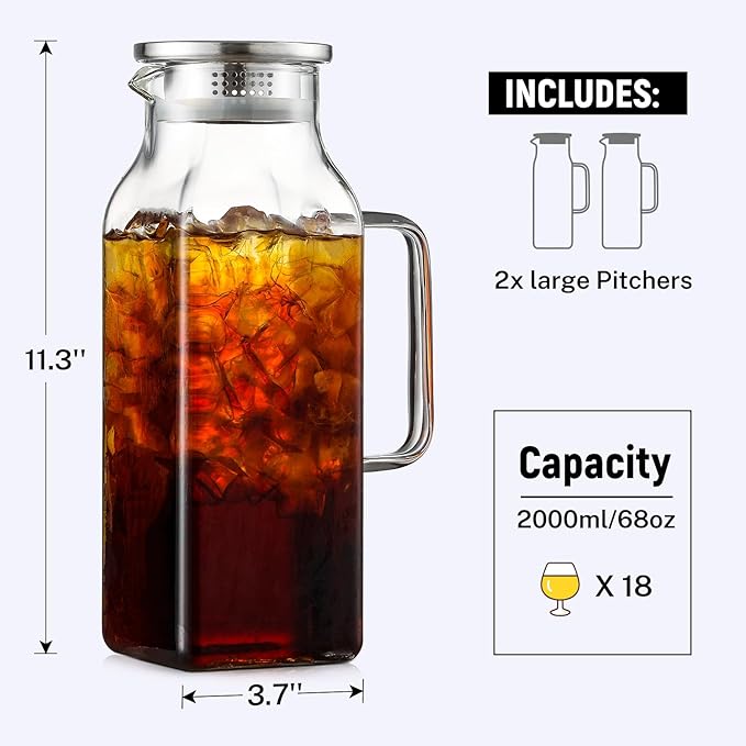 Netany 4 Pack 2 Liters/68 oz Square Glass Pitcher - Image 2