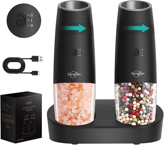 Sangcon 2-Speed Gravity Electric Salt and Pepper Grinder Set RECHARGEABLE by Sangcon
