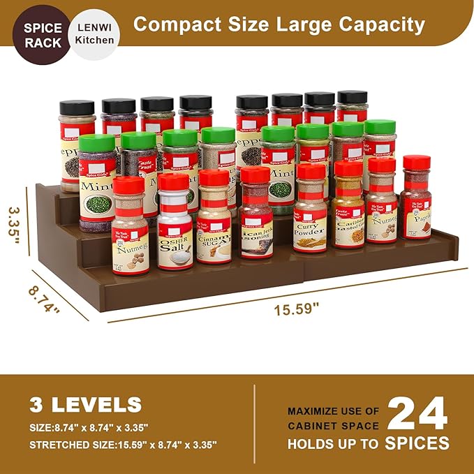 Lenwi Spice Rack Organizer for Cabinet 2 Pack, 3 Tier Expandable Bamboo Spice - Image 5