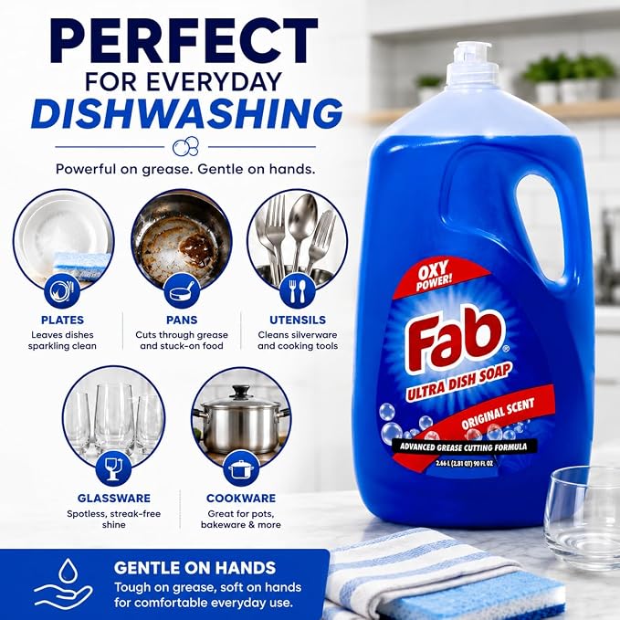 La's Totally Awesome Fab Liquid Dish Soap, Original Scent, 90 fl oz (Pack of 2) | Powerful Grease-Cutting Dishwashing Liquid, Gentle on Hands, Dish Detergent for Pots, Pans, Glassware & Cookware