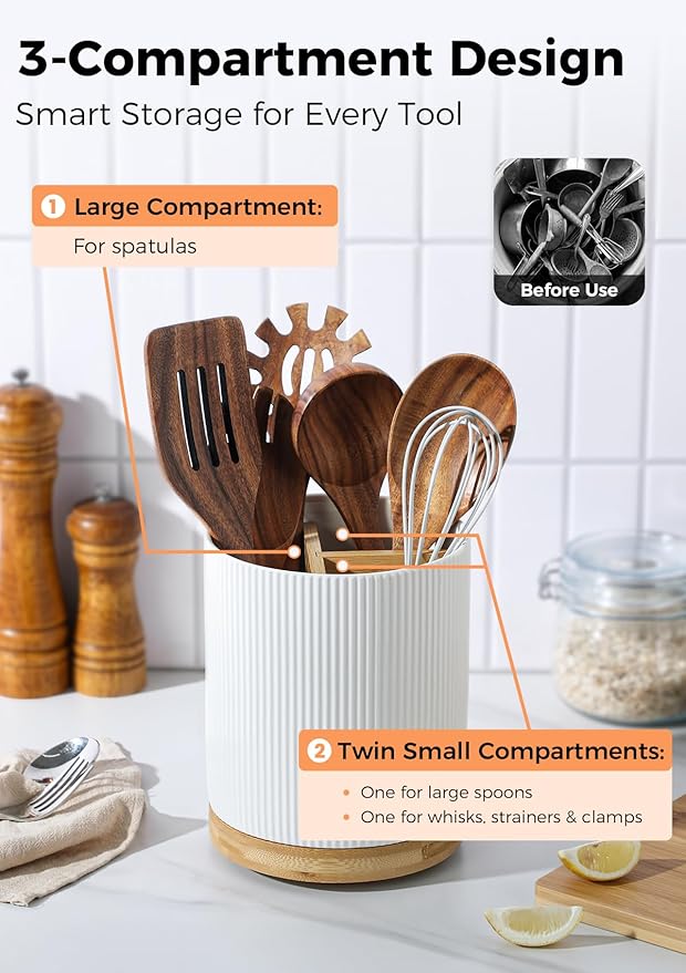 LoeJan 7.5" Utensil Holder, 3 Compartment Ceramic Kitchen Utensil Holder - Image 3