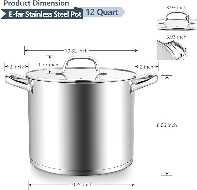 E-far 12 Quart Cooking Stock Pot, Large Stainless Steel Pot - Image 2