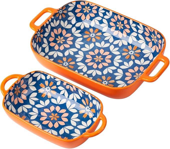 ONCCI Ceramic Baking Dish Set, 2-Piece Hand-painted Porcelain Rectangular by ONECCI