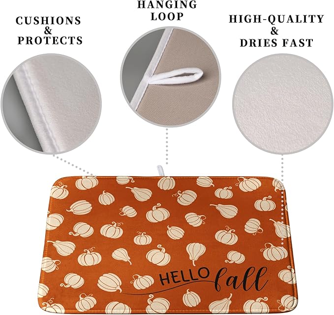 Hello Fall Drying Mat for Kitchen Counter Autumn Orange Pumpkin Dry Dish Mat - Image 3
