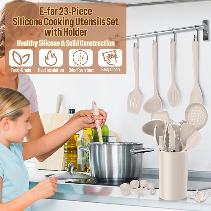 Silicone Kitchen Utensils Set, E-far 23 Pcs Khaki Cooking Utensils Tools - Image 6